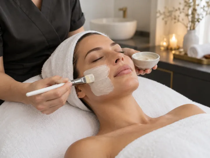 Kozmetičarka med nanosom obrazne maske stranki